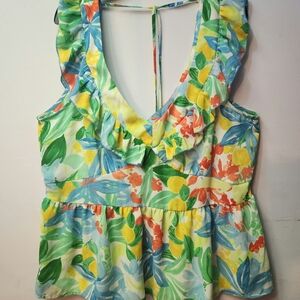 Tropical Floral Ruffle V-Neck Blouse